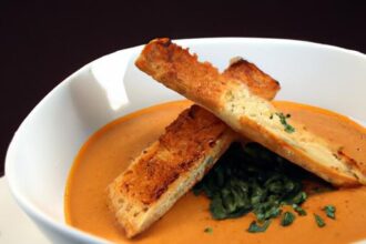 Velvety Tomato Bisque Paired with Crispy Grilled Cheese Croutons