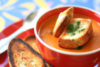 Savor Creamy Tomato Bisque Paired with Grilled Cheese Croutons