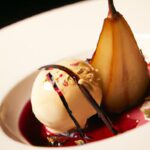 Elegant Poached Pear in Red Wine Paired with Vanilla Ice Cream