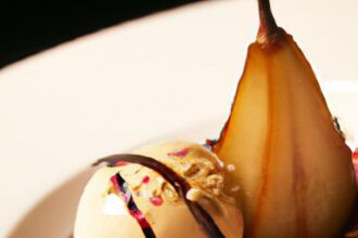 Elegant Poached Pear in Red Wine Paired with Vanilla Ice Cream