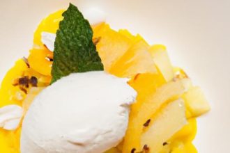 Tropical Delight: Mango Sorbet with Coconut Foam & Lime Zest